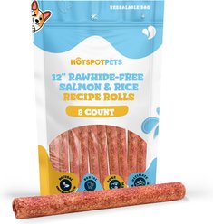 HOTSPOT PETS Rawhide-Free 12-inch Salmon & Rice Recipe Roll Hard Chew Dog Treats, 8 count