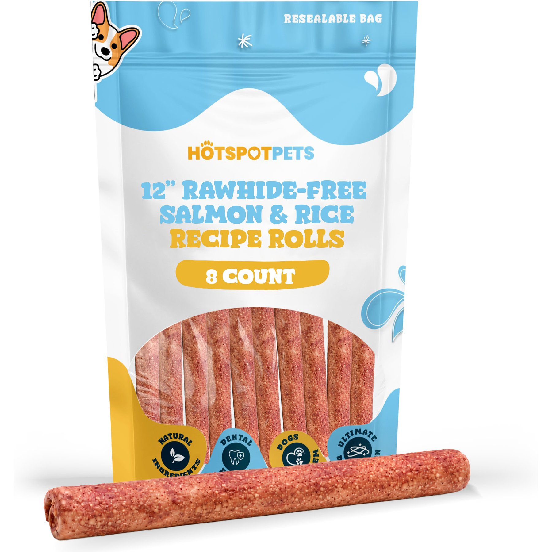 HOTSPOT PETS Rawhide-Free 12-inch Salmon & Rice Recipe Roll Hard Chew Dog Treats, 8 count