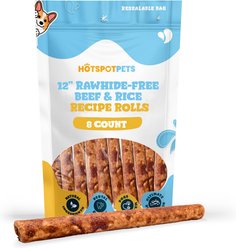 HOTSPOT PETS Rawhide-Free 12-inch Beef & Rice Recipe Roll Hard Chew Dog Treats, 8 count