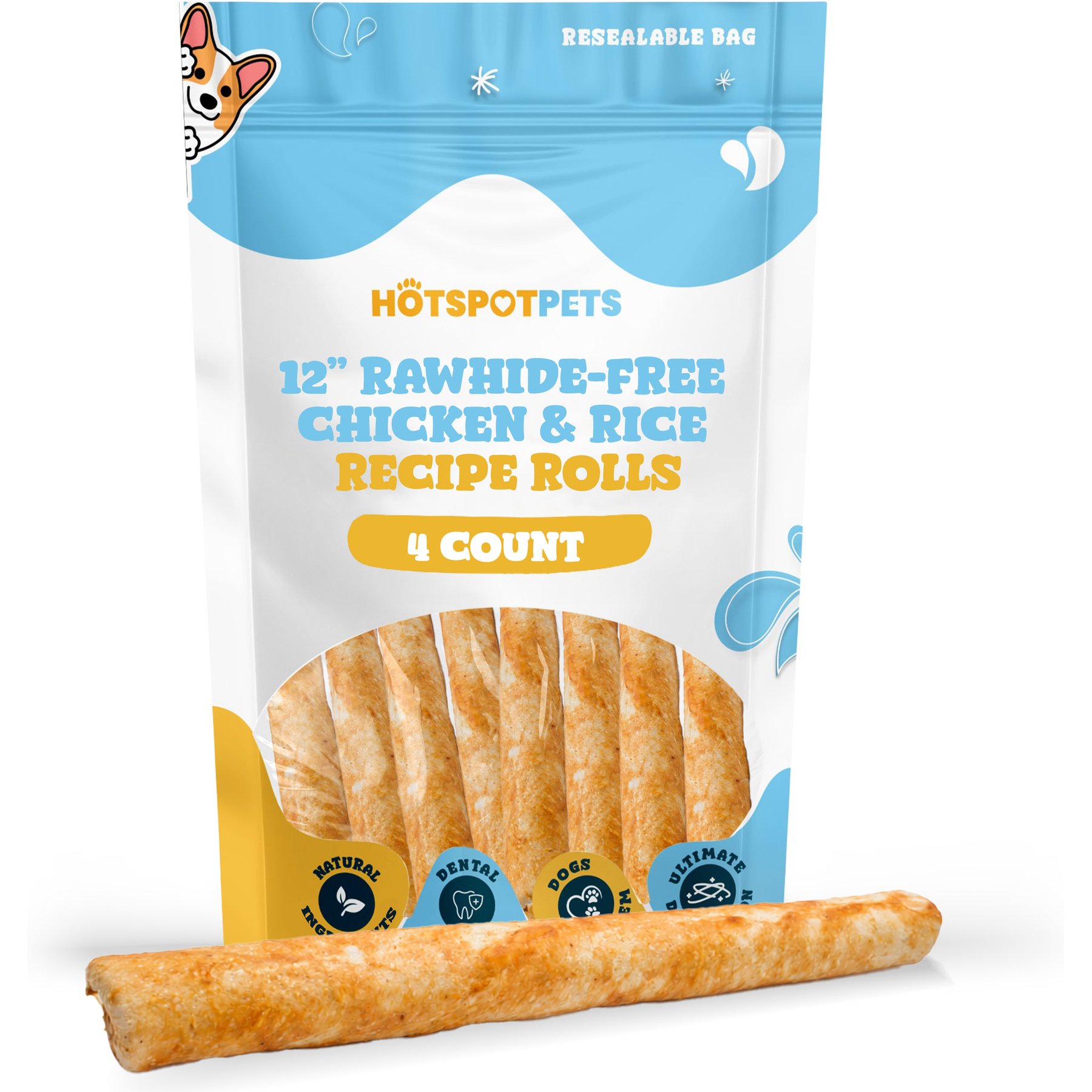 HOTSPOT PETS Rawhide-Free 12-inch Chicken & Rice Recipe Roll Hard Chew Dog Treats, 4 count