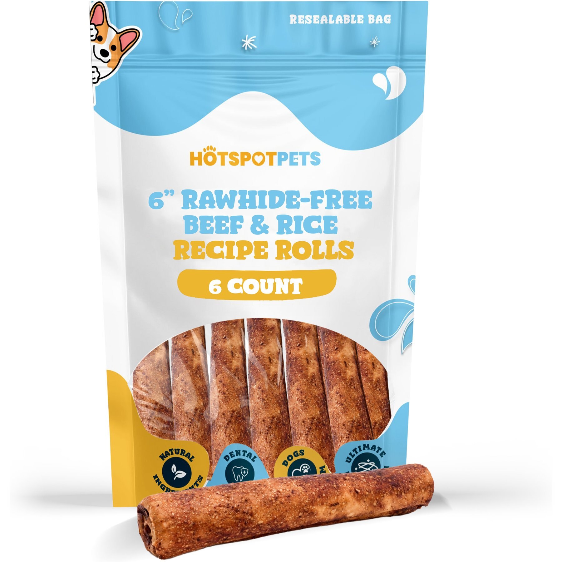 HOTSPOT PETS Rawhide-Free 6-inch Beef & Rice Recipe Roll Hard Chew Dog Treats, 6 count