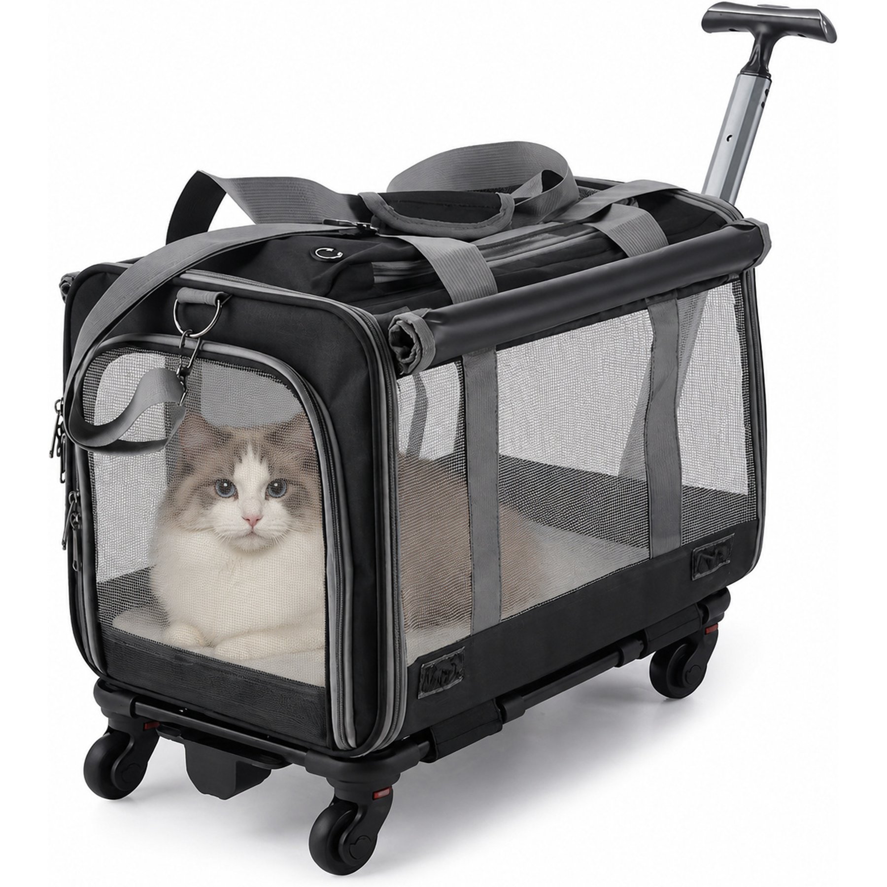 FURDEAR Foldable 4 Wheel Rolling Collapsible Travel Bag Cat Stroller, 18.5 x 11.81 x 15.35-in, Black