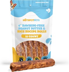 HOTSPOT PETS Rawhide-Free 6-inch Peanut Butter & Rice Recipe Roll Hard Chew Dog Treats, 12 count