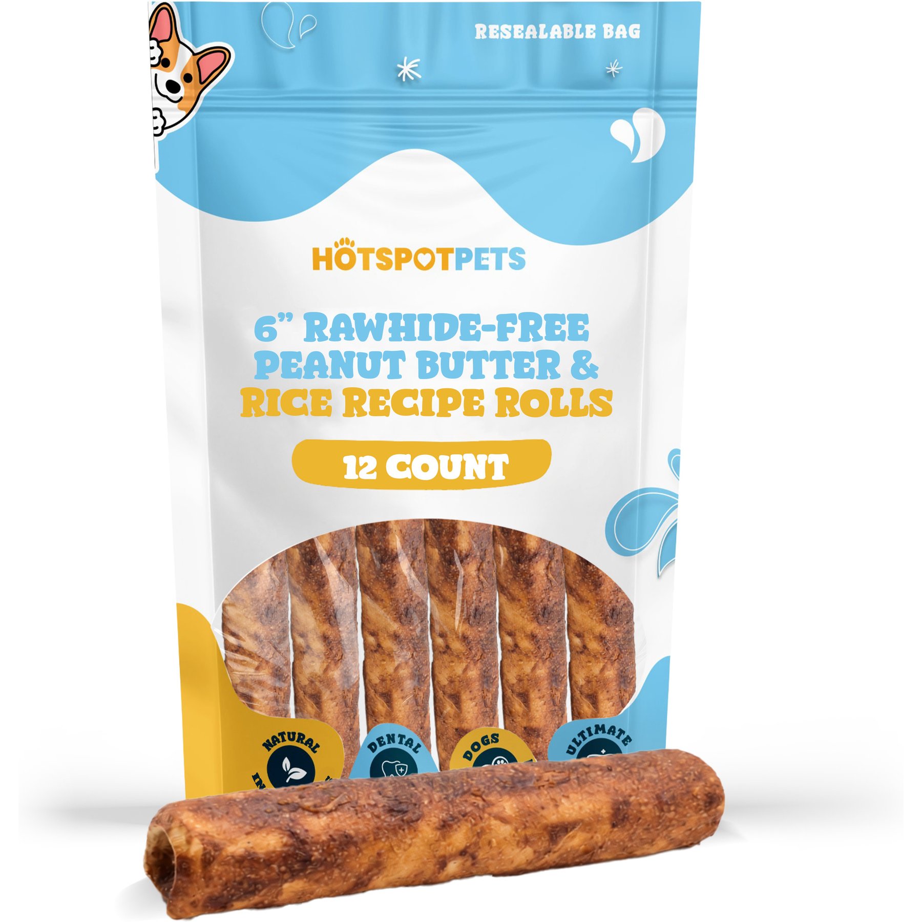 HOTSPOT PETS Rawhide-Free 6-inch Peanut Butter & Rice Recipe Roll Hard Chew Dog Treats, 12 count