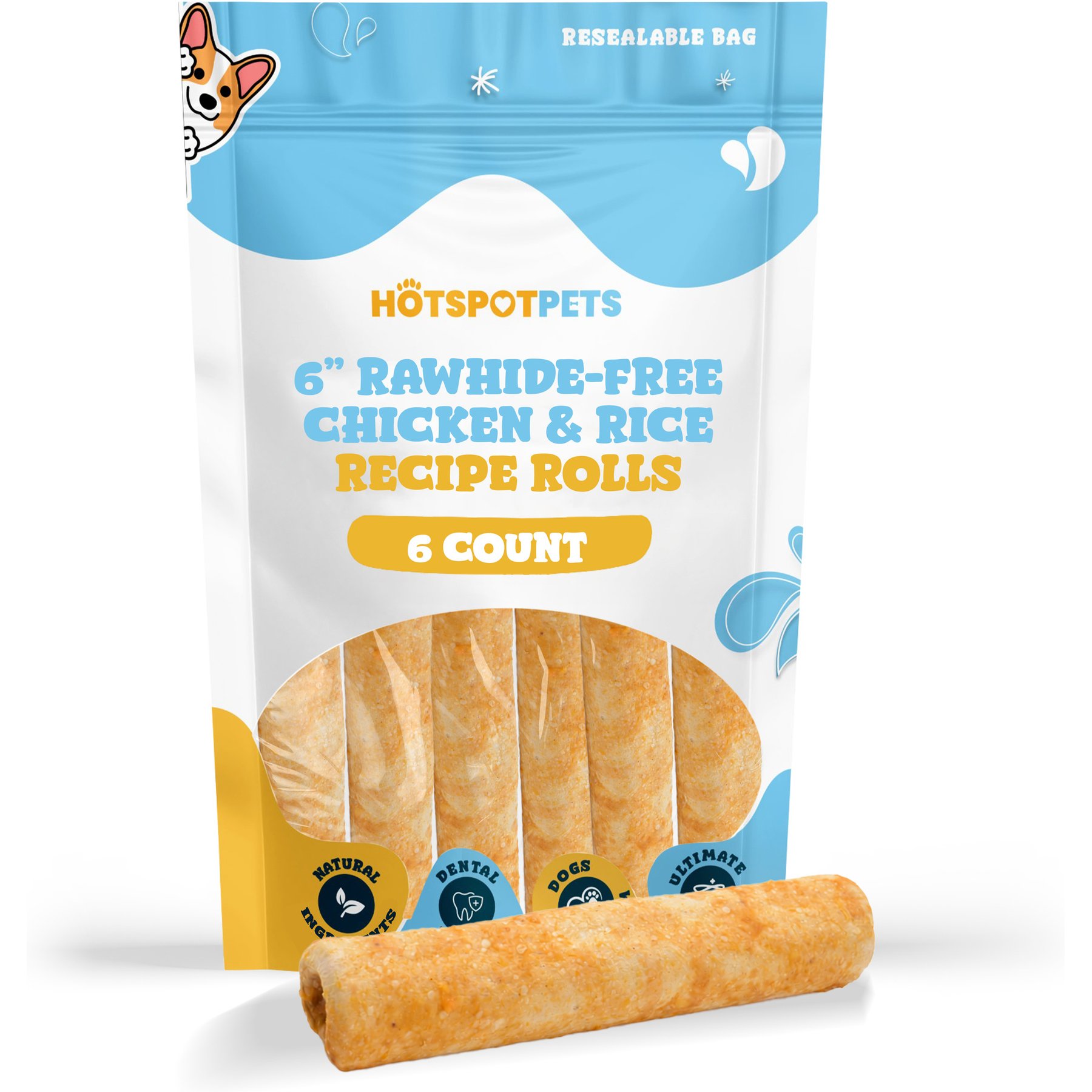 HOTSPOT PETS Rawhide-Free 6-inch Chicken & Rice Recipe Roll Hard Chew Dog Treats, 6 count