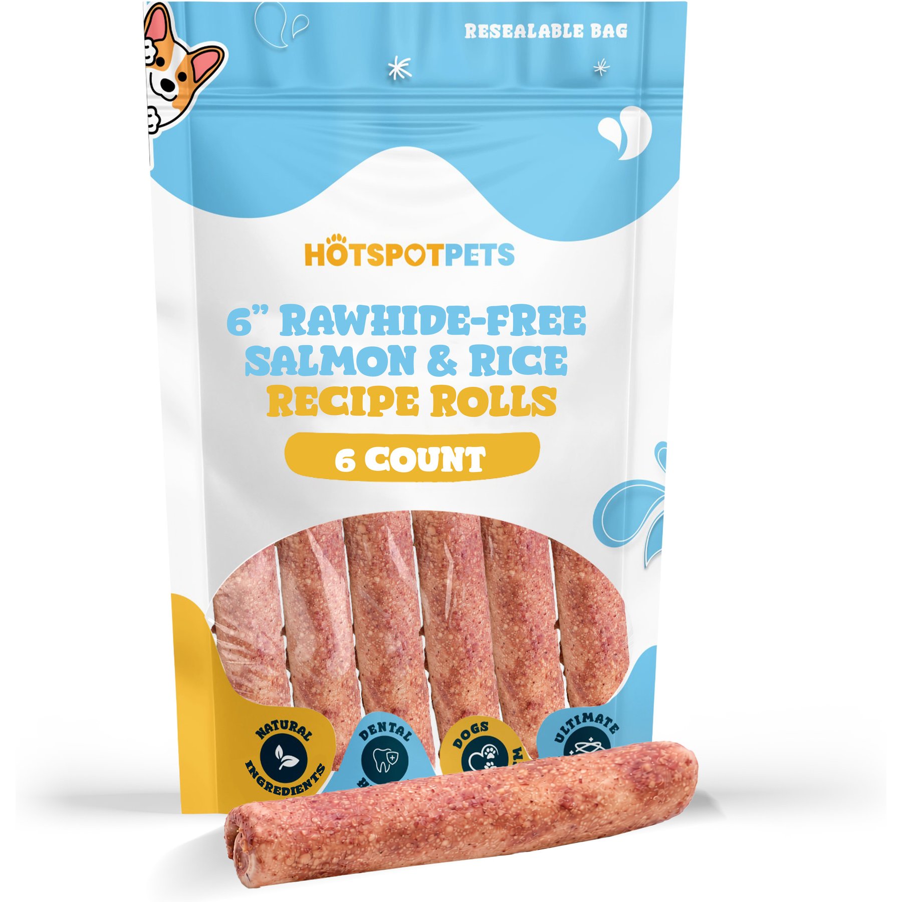 HOTSPOT PETS Rawhide-Free 6-inch Salmon & Rice Recipe Roll Hard Chew Dog Treats, 6 count