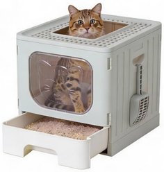 Bencmate Covered Foldable & Replaceable Tray Cat Litter Box with Scoop & Hooded, 19.29 x 15.43 x 15.08-in, Grey