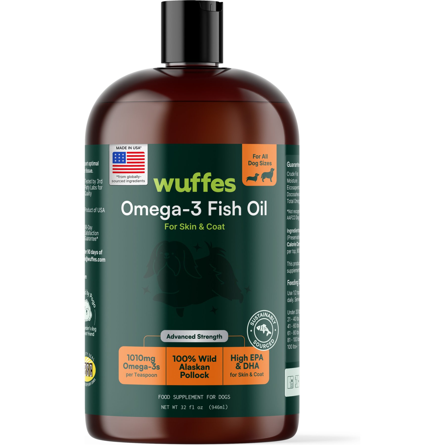 Wuffes Advanced Omega 3 Fish Oil with Natural EPA & DHA for Skin & Coat, Joint, Digestion & Immune Support Liquid Supplement for Dogs, 32-fl oz bottle
