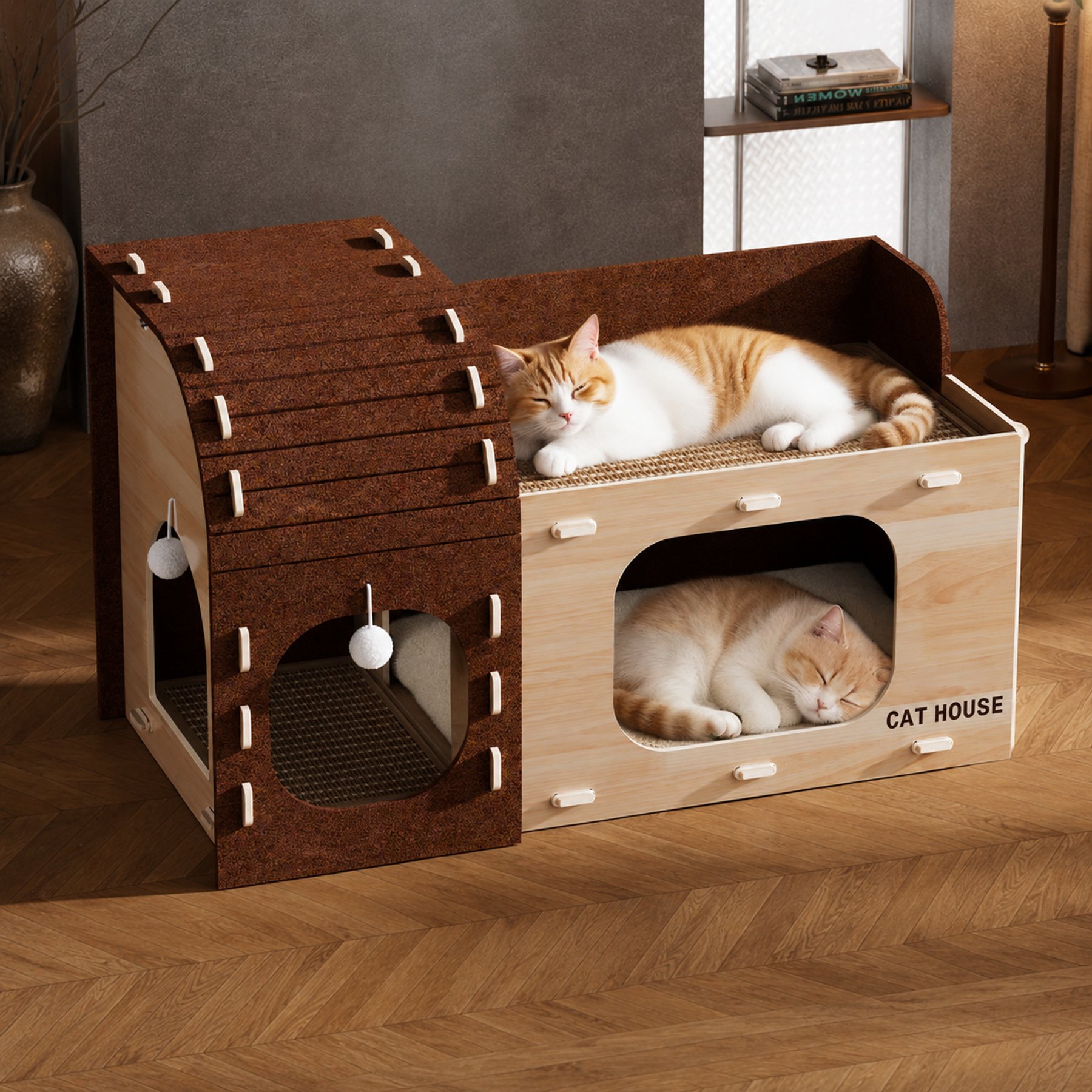 NonoPets Indoor Wooden Chew-Resistant Covered Cat Bed with Scratcher, Nature