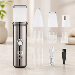 NonoPets 4-in-1 Waterproof Cordless Dog & Cat Clippers Kit with Blades & Guide Combs, Silver