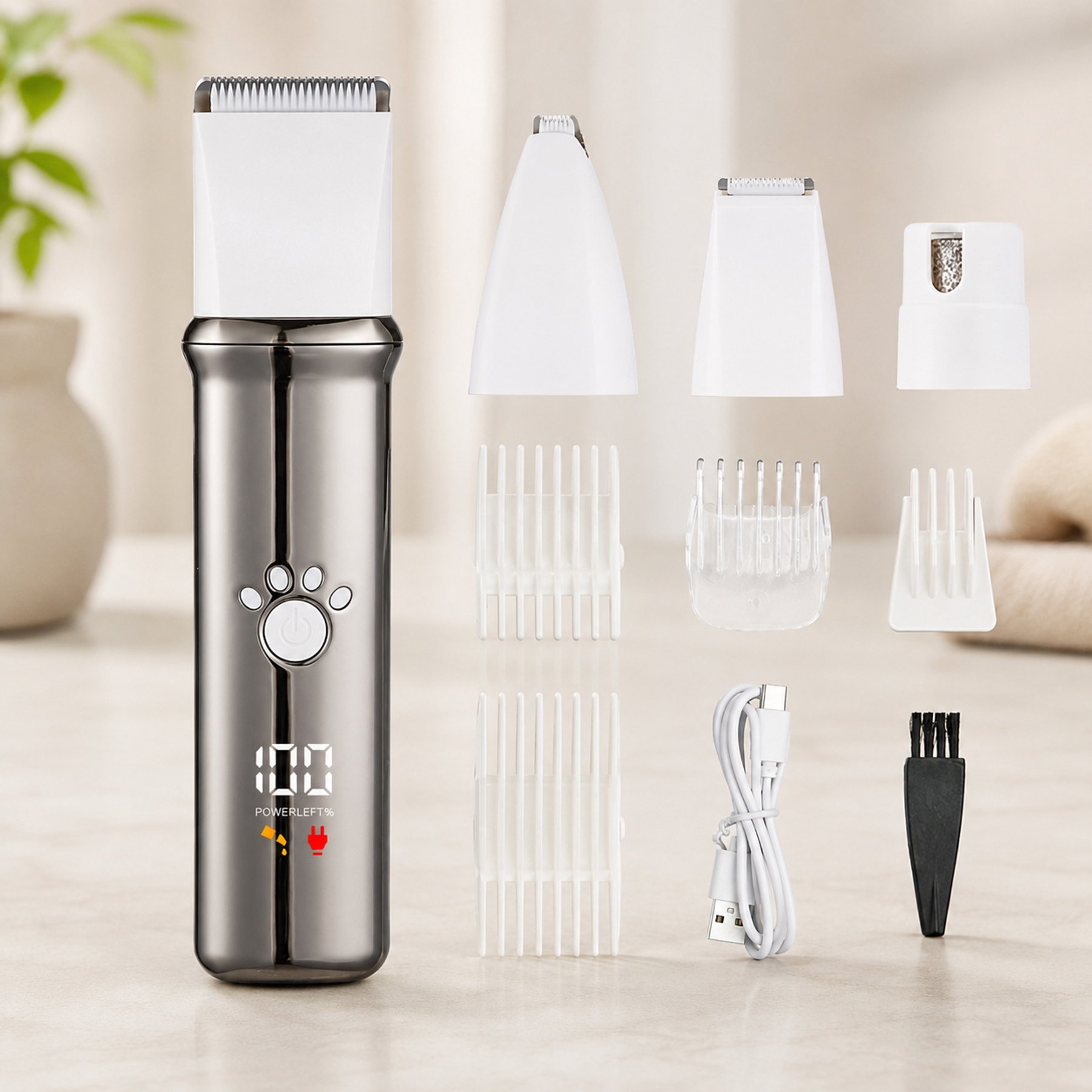NonoPets 4-in-1 Waterproof Cordless Dog & Cat Clippers Kit with Blades & Guide Combs, Silver
