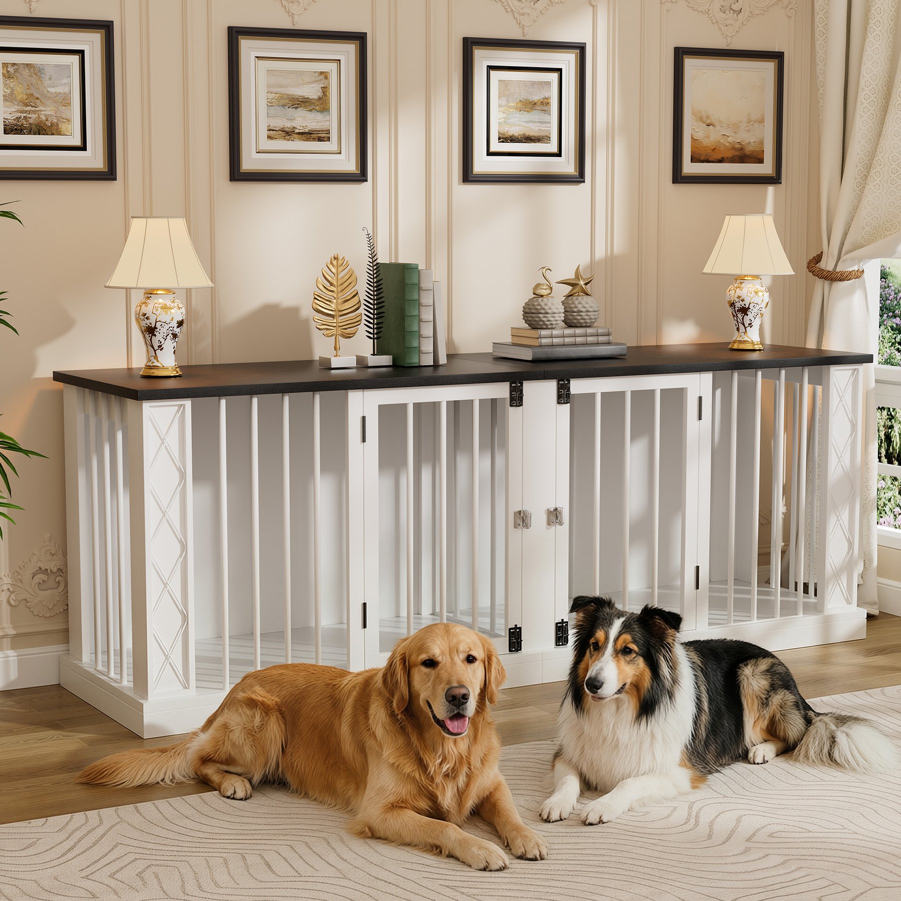 Saudism Double Heavy Duty Indoor Furniture Kennel TV Stand Dog Crate, 86.6-in, White