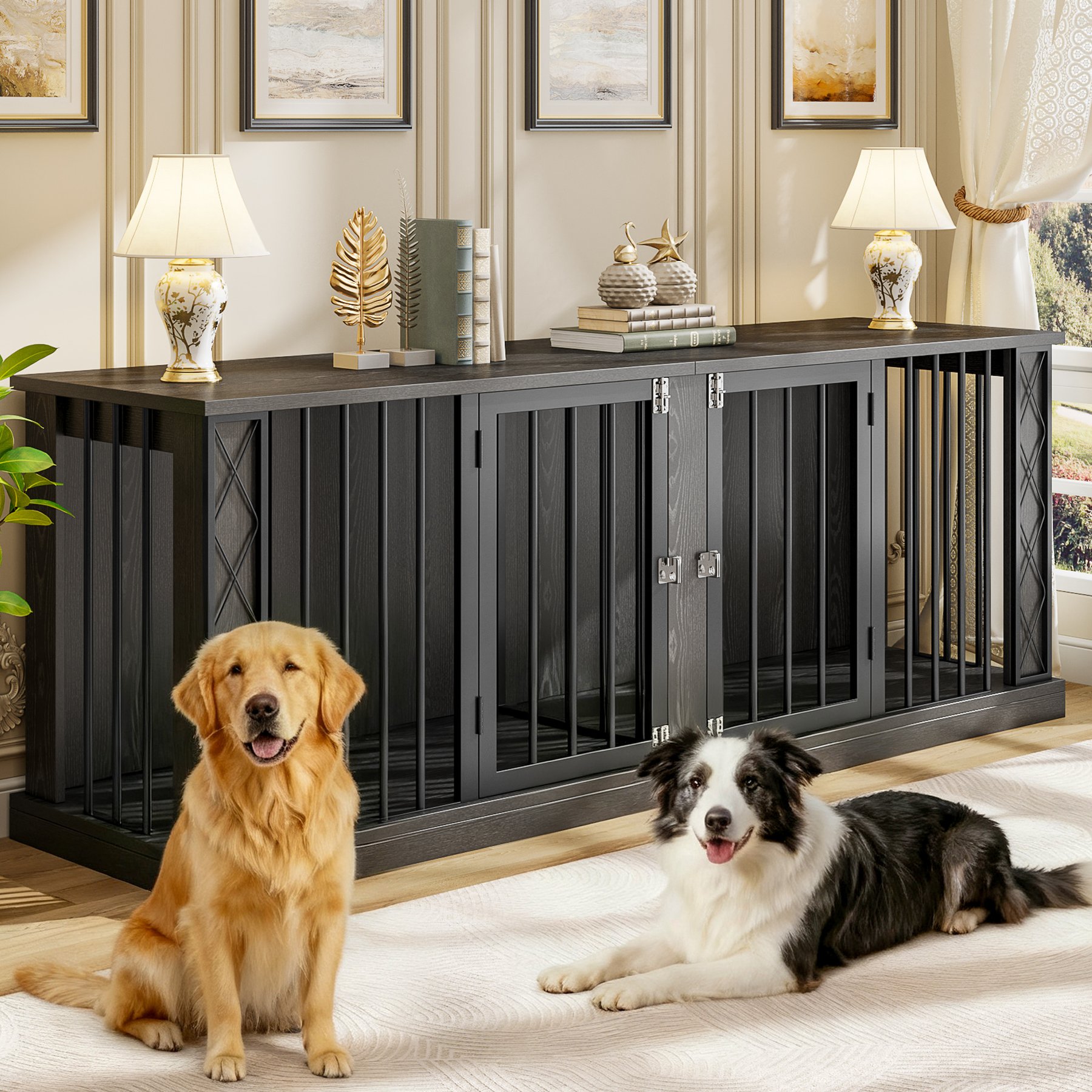 Saudism Double Heavy Duty Indoor Furniture Kennel TV Stand Dog Crate, 86.6-in, Black