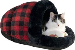 ASPCA Slipper Cave Cozy Self-Warming Hideaway Soft Plush Interior Cat Bed, Red Buffalo Check