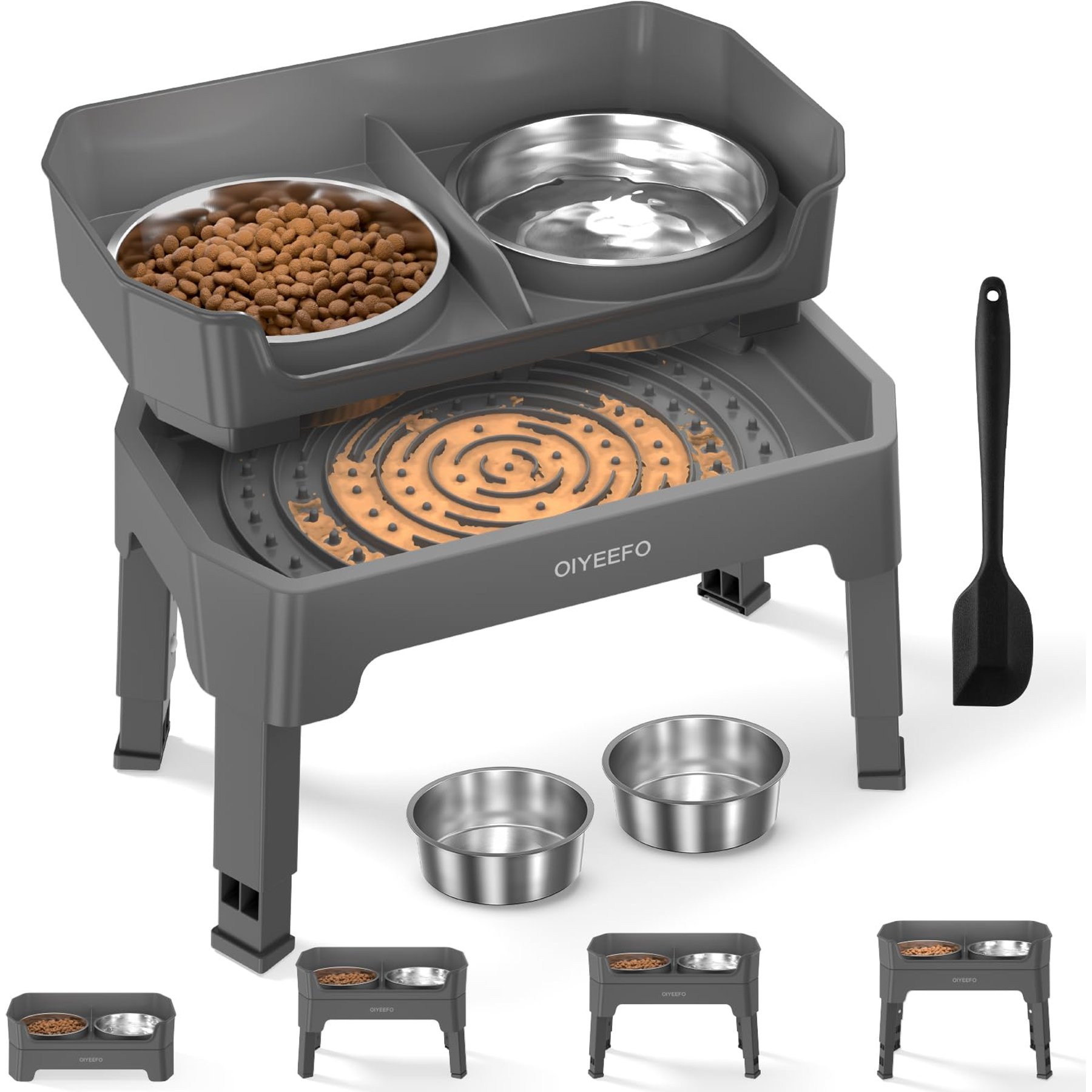 Oiyeefo 3-in-1 Adjustable Height Raised Elevated Stainless Steel Dog Bowl, Grey, Large: 1.6-L