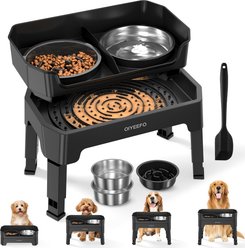 Oiyeefo 4-in-1 Adjustable Height Raised Elevated Stainless Steel Dog Bowl, Black, Large: 1.6-L