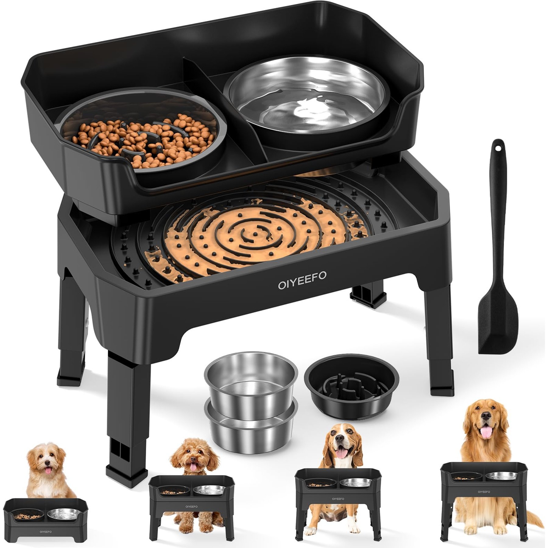 Oiyeefo 4-in-1 Adjustable Height Raised Elevated Stainless Steel Dog Bowl, Black, Large: 1.6-L