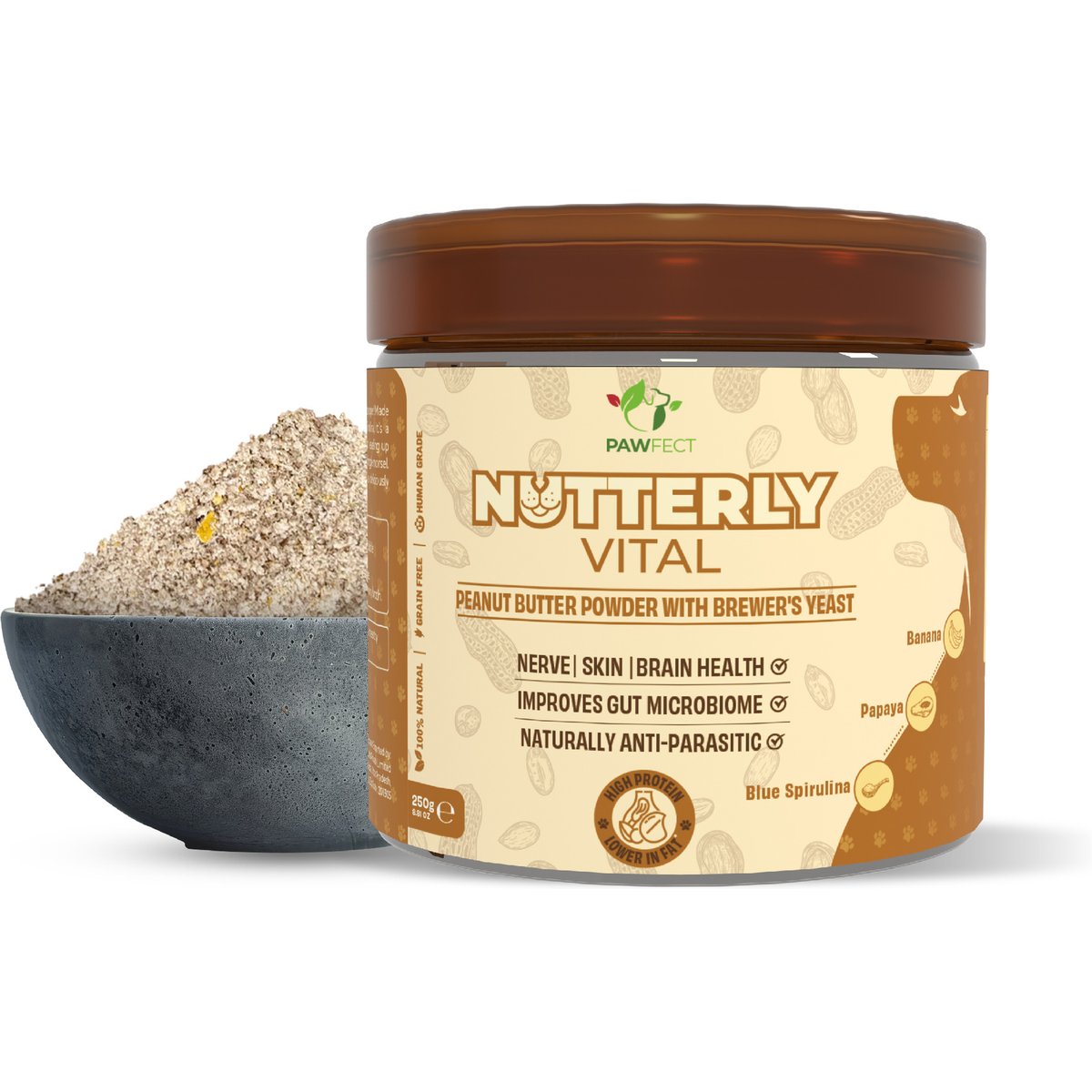 Pawfect Nutterly Vital All Natural Grain-Free Peanut Butter Powder with Brewer's Yeast Dog Food Topper, 8.81-oz jar