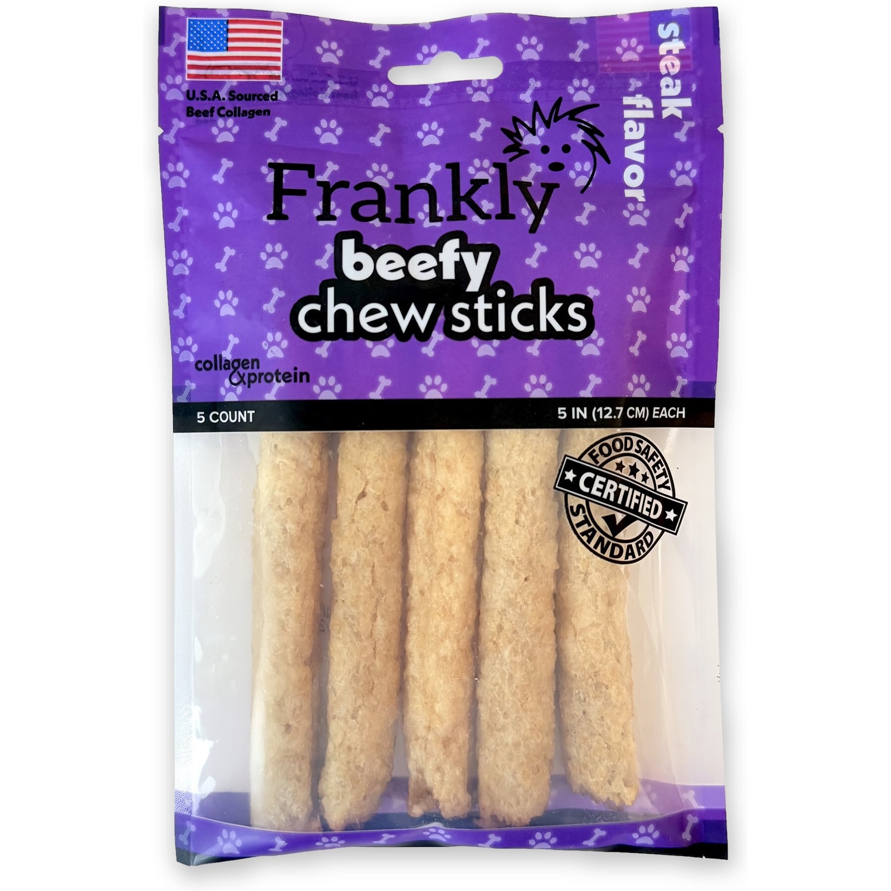 Frankly Beefy Chew 5-inch Beef Steak Rawhide Dog Stick, 5 count
