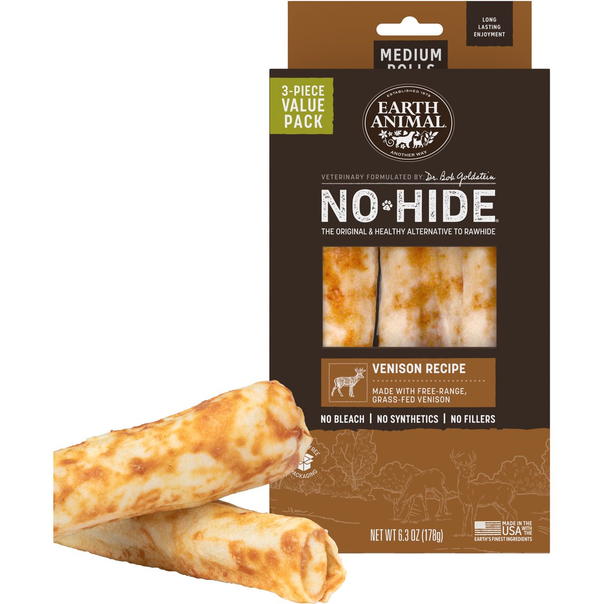 Earth Animal No-Hide Medium Rolls Long Lasting Natural Rawhide Free Venison Recipe Dog Chews, 3 count
