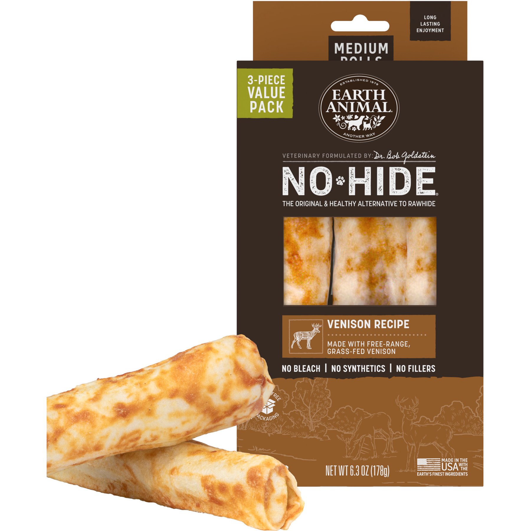 Earth Animal No-Hide Medium Rolls Long Lasting Natural Rawhide Free Venison Recipe Dog Chews, 3 count