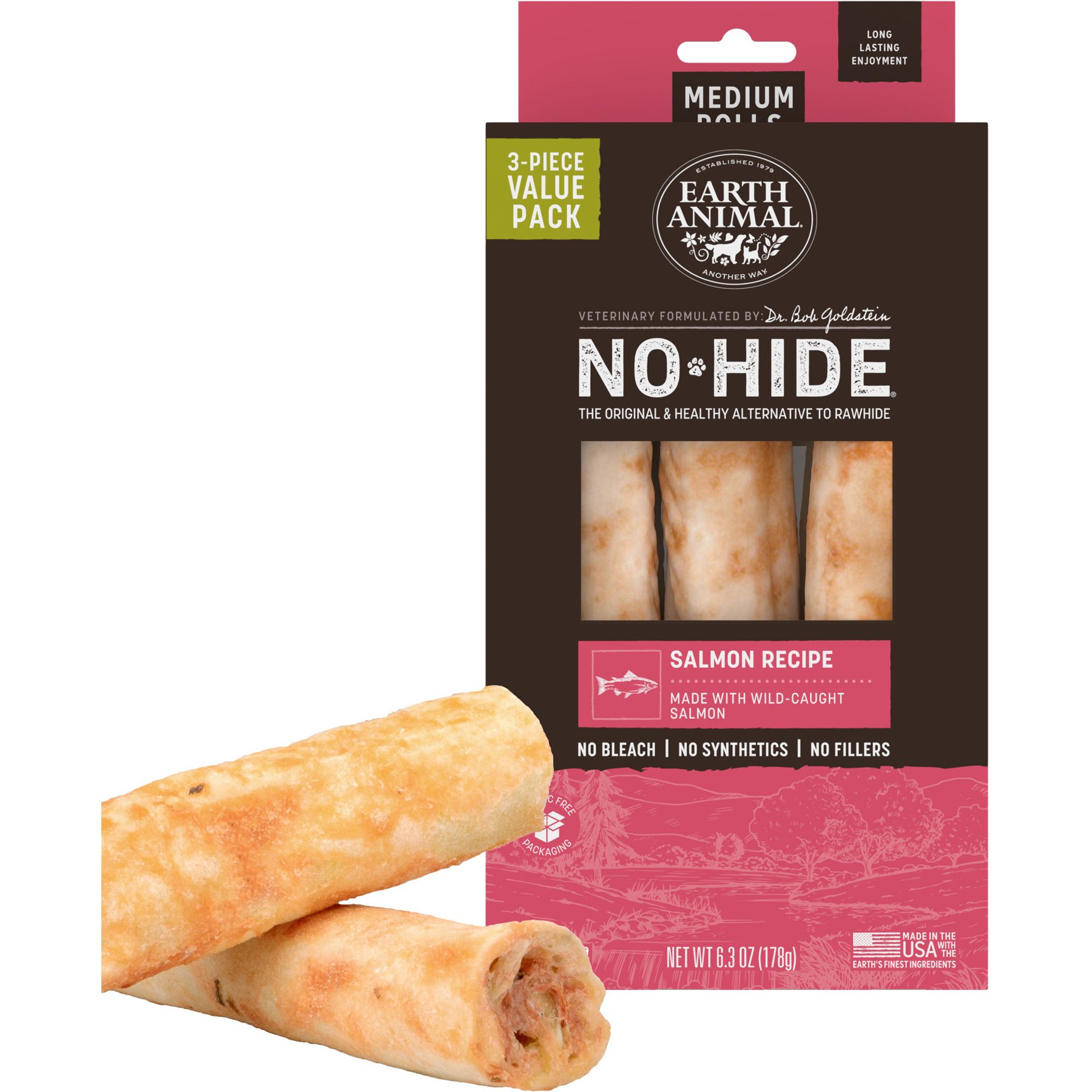 Earth Animal No-Hide Medium Rolls Long Lasting Natural Rawhide Free Salmon Recipe Dog Chews, 3 count