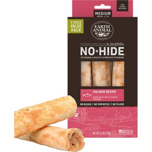Earth Animal No-Hide Medium Rolls Long Lasting Natural Rawhide Free Salmon Recipe Dog Chews, 3 count