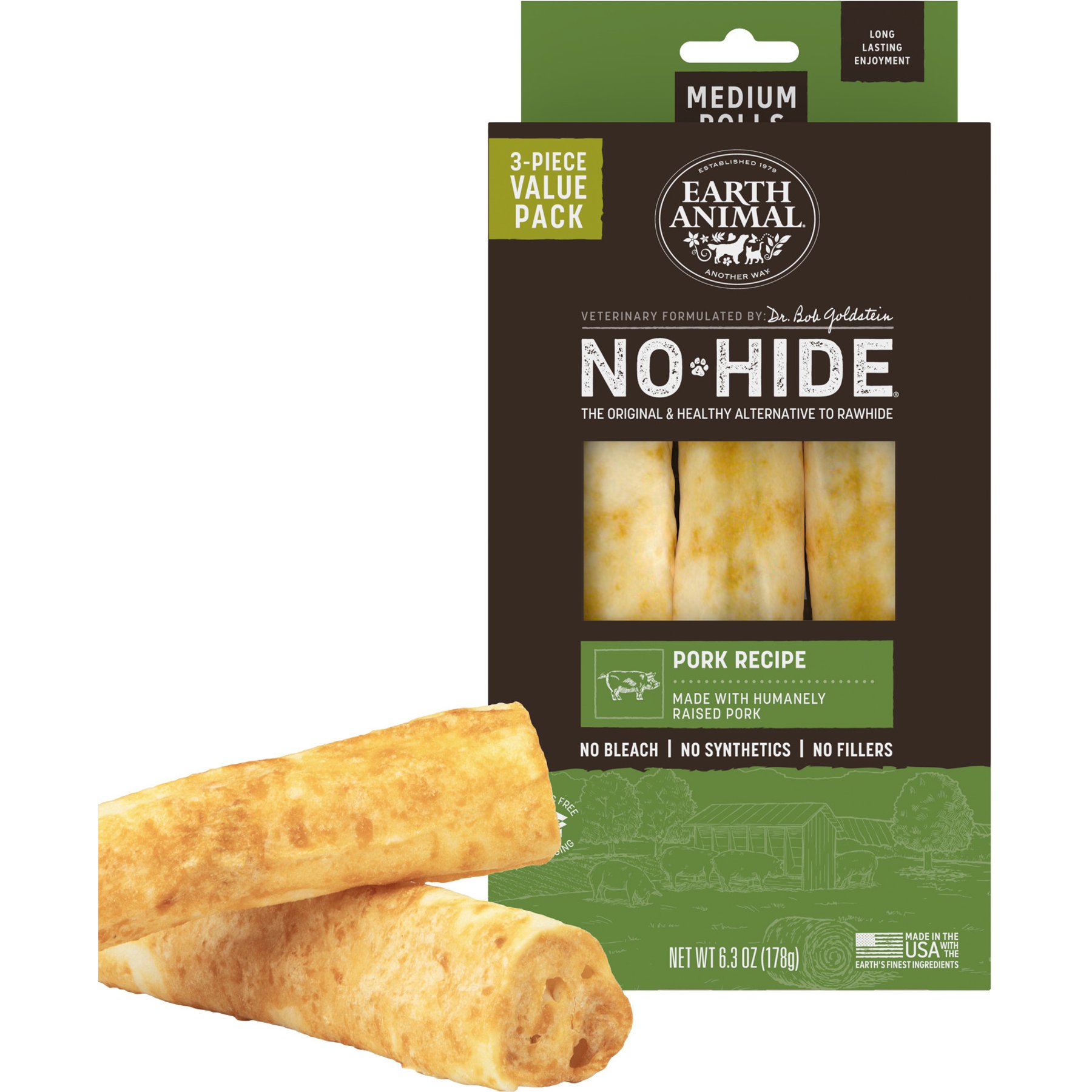 Earth Animal No-Hide Medium Rolls Long Lasting Natural Rawhide Free Pork Recipe Dog Chews, 3 count