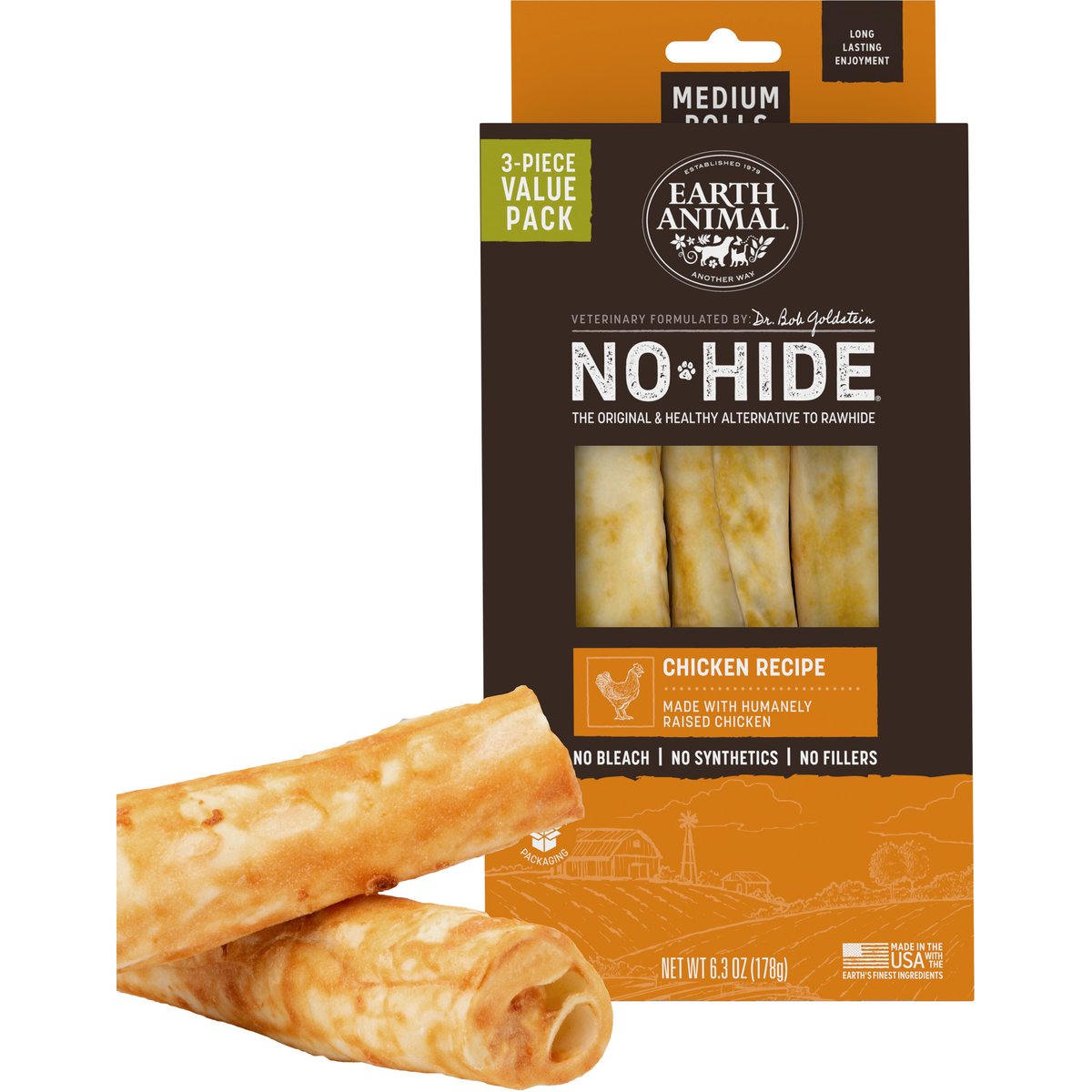 Earth Animal No-Hide Medium Rolls Long Lasting Natural Rawhide Free Chicken Recipe Dog Chews, 3 count