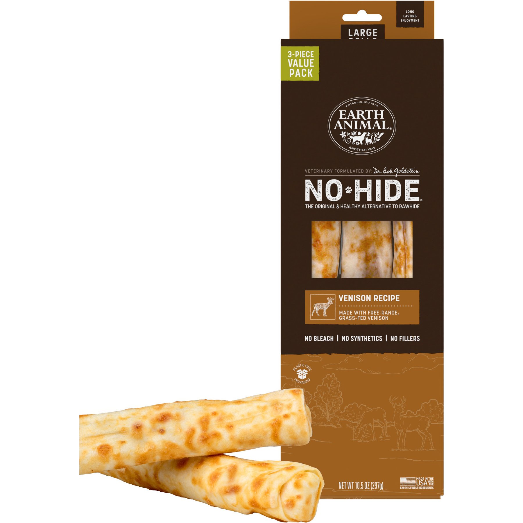 Earth Animal No-Hide Large Rolls Long Lasting Natural Rawhide Free Venison Recipe Dog Chews, 3 count