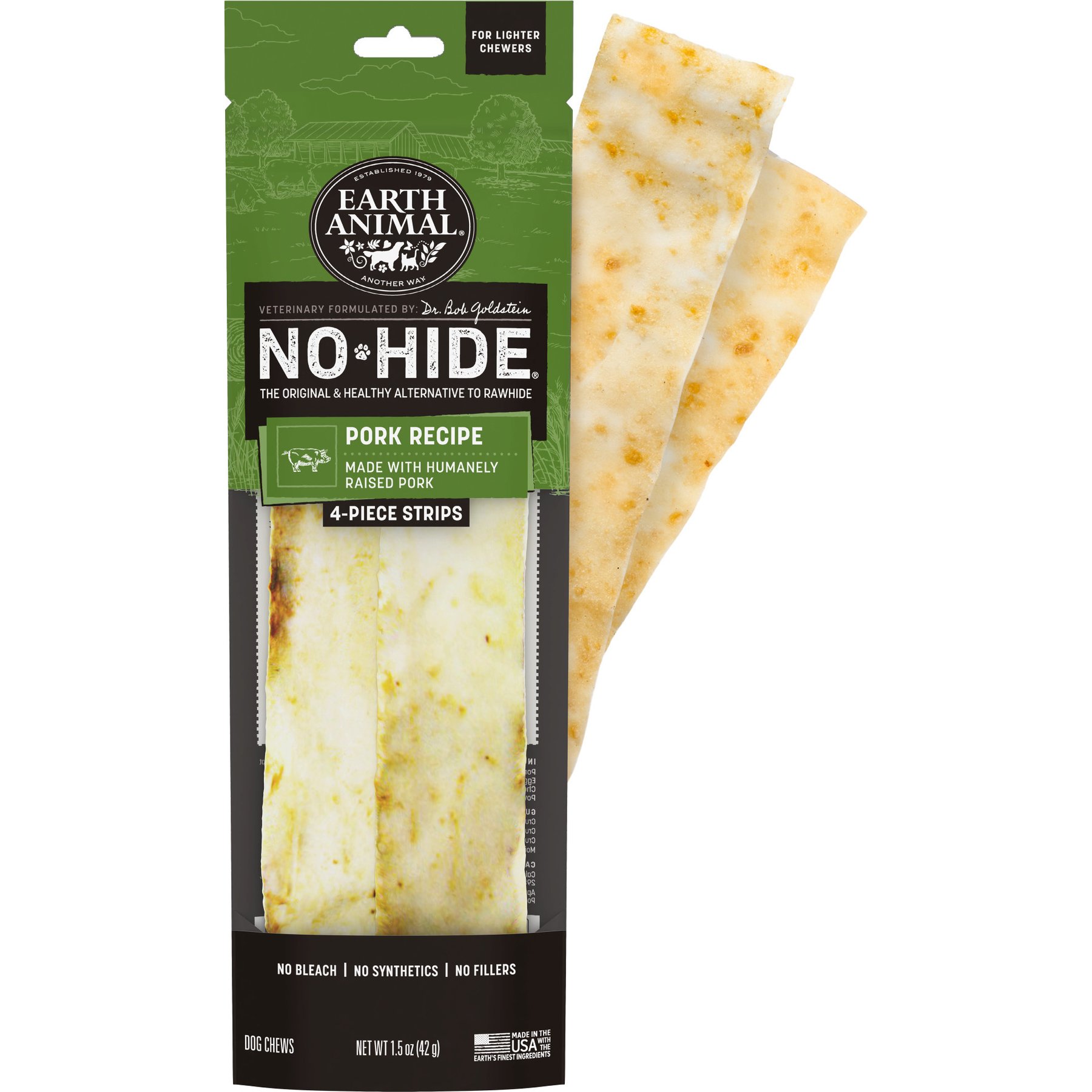 Earth Animal No-Hide Strips Thin Natural Rawhide Free Pork Recipe Dog Chew Treats for Lighter Chewers, 4 count