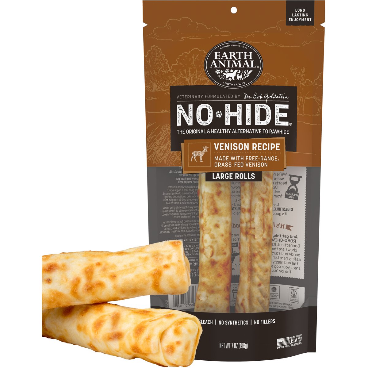 Earth Animal No-Hide Large Rolls Long Lasting Natural Rawhide Free Venison Recipe Dog Chews, 2 count