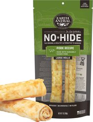 Earth Animal No-Hide Large Rolls Long Lasting Natural Rawhide Alternative Pork Recipe Chew Dog Treats, 2 count