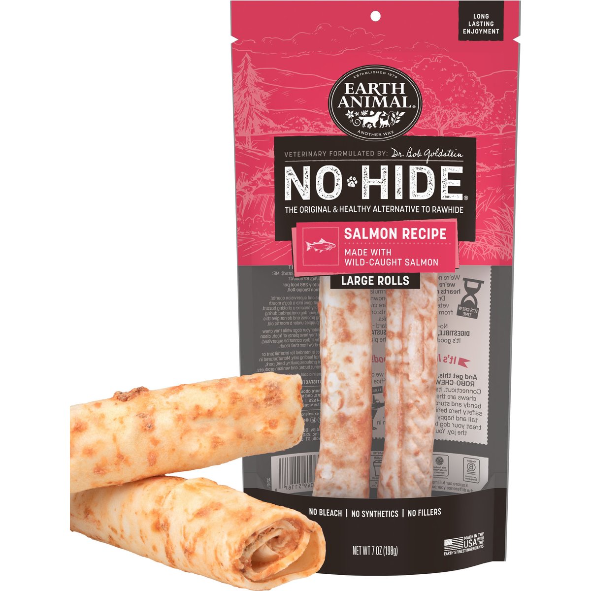 Earth Animal No-Hide Large Rolls Long Lasting Natural Rawhide Free Salmon Recipe Dog Chews, 2 count
