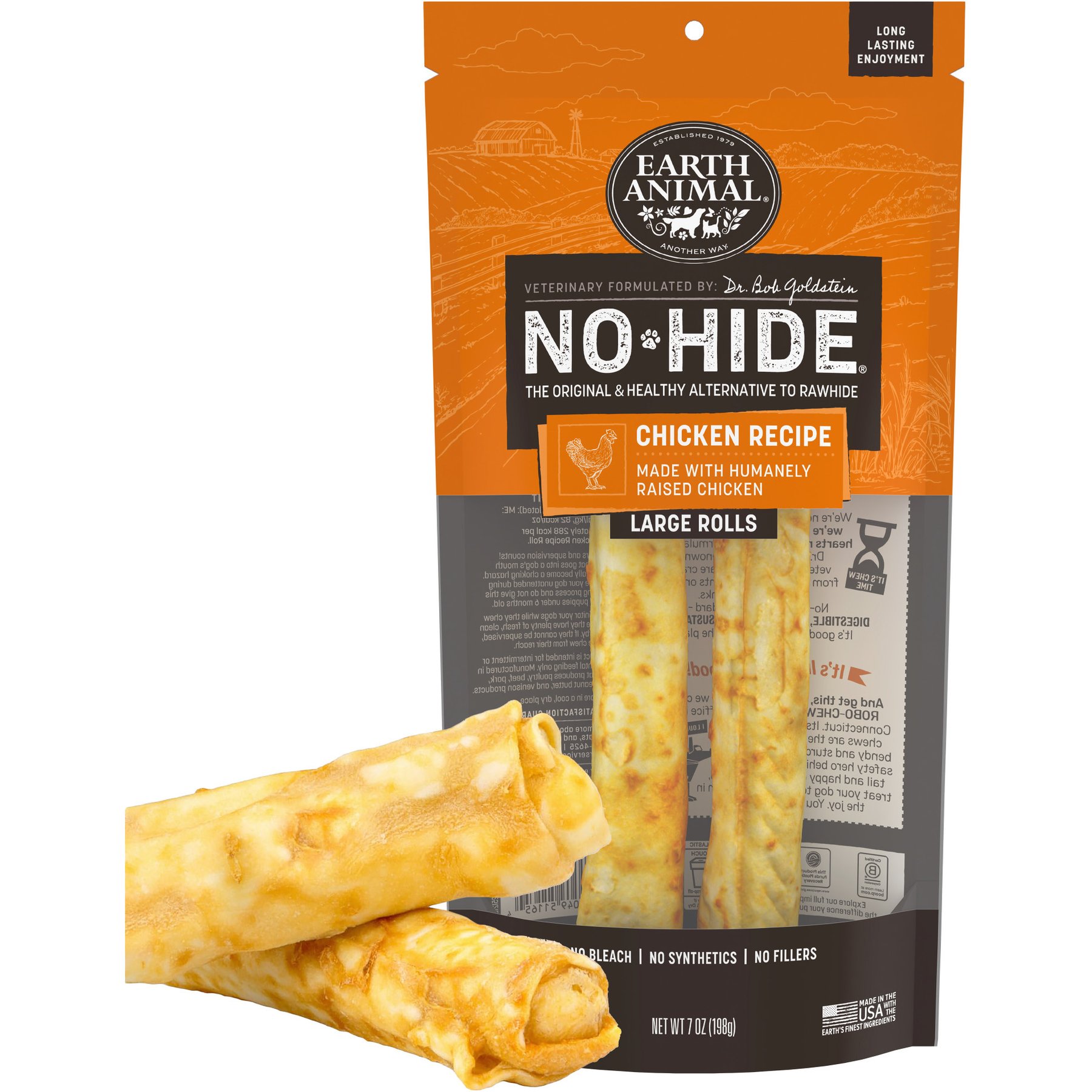 Earth Animal No-Hide Large Rolls Long Lasting Natural Rawhide Free Chicken Recipe Dog Chews, 2 count
