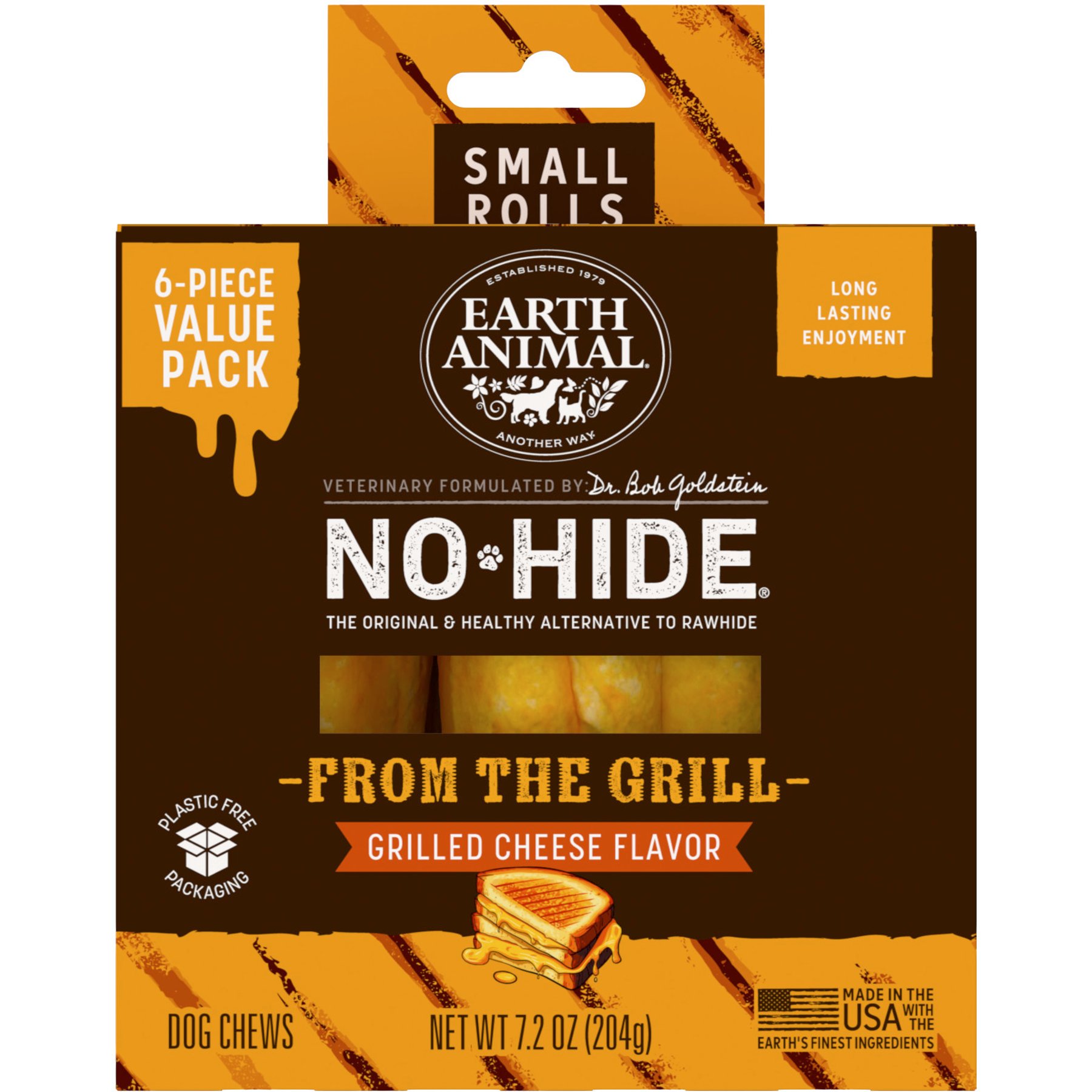 Earth Animal No-Hide From the Grill Small Rolls Long Lasting Natural Rawhide Free Grilled Cheese Vegetarian Flavor Dog Chews, 6 count
