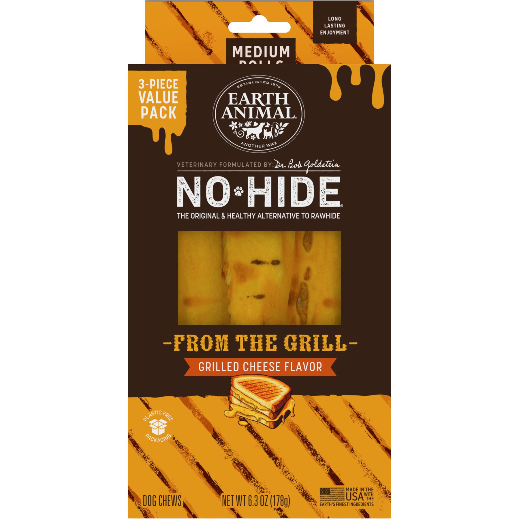Earth Animal No-Hide From the Grill Medium Rolls Long Lasting Natural Rawhide Free Grilled Cheese Vegetarian Flavor Dog Chews, 3 count