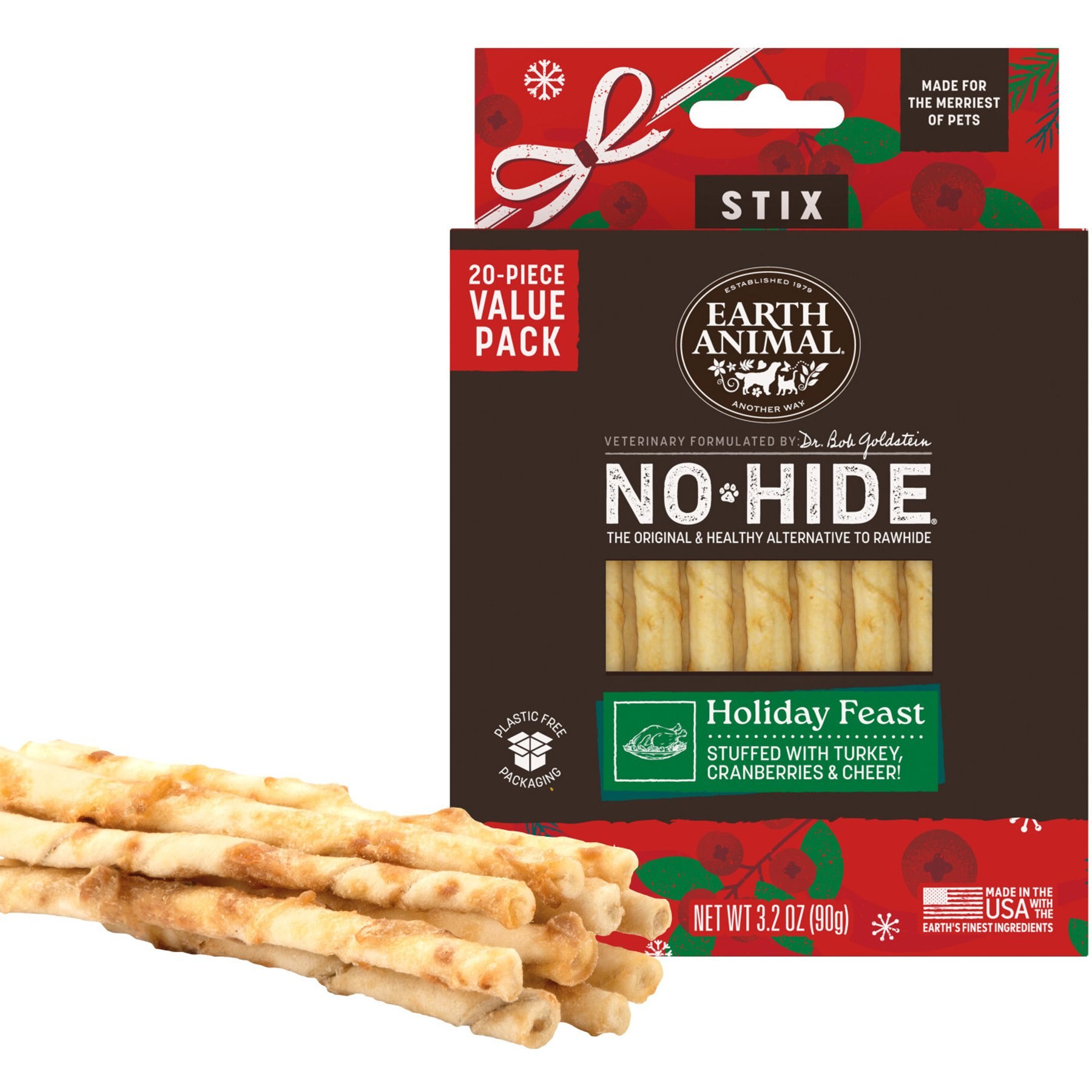 Earth Animal No-Hide Seasonal Stix Long Lasting Natural Rawhide Free Holiday Feast Vegetarian Recipe Dog & Cat Chew Treat Sticks, 20 count
