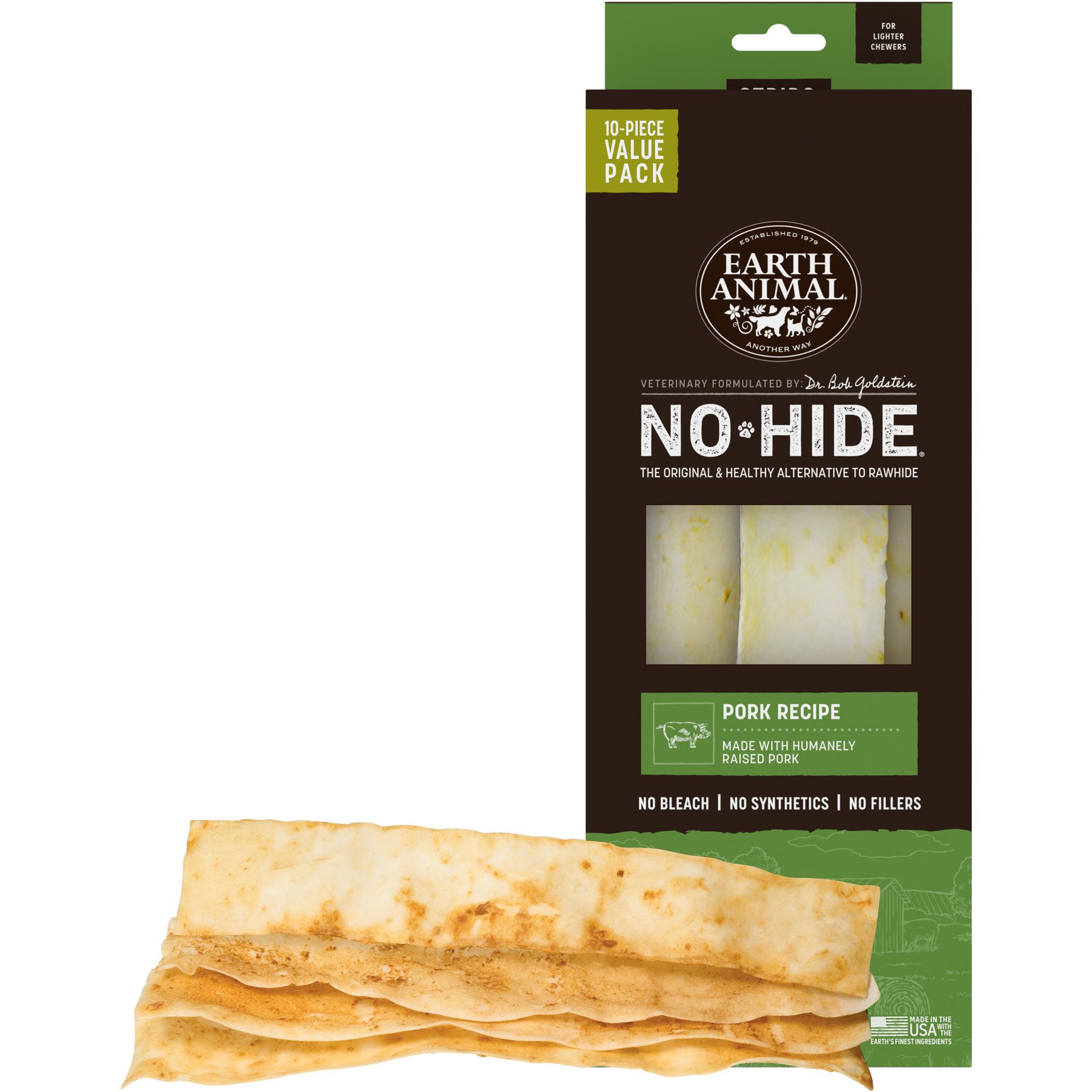 Earth Animal No-Hide Strips Thin Natural Rawhide Free Pork Recipe Dog Chew Treats for Lighter Chewers, 10 count