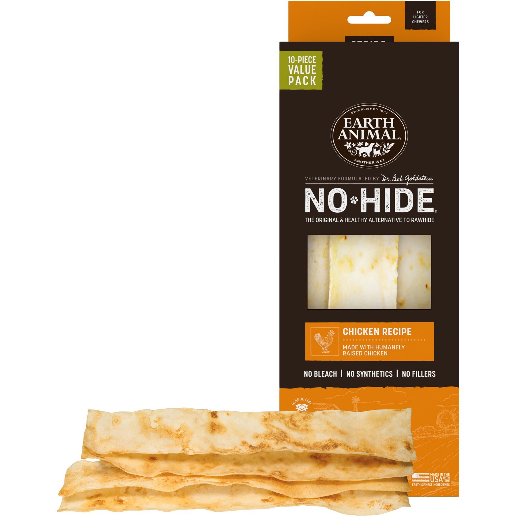 Earth Animal No-Hide Strips Thin Natural Rawhide Free Chicken Recipe Dog Chew Treats for Lighter Chewers, 10 count