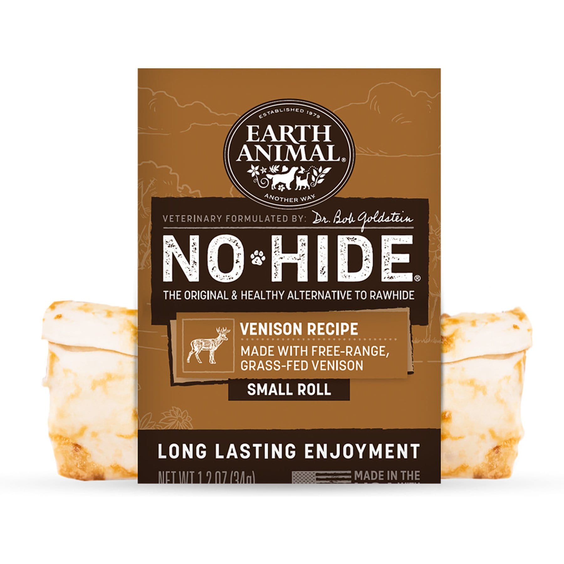 Earth Animal No-Hide Small Rolls Long Lasting Natural Rawhide Free Venison Recipe Dog Chews, 1 count
