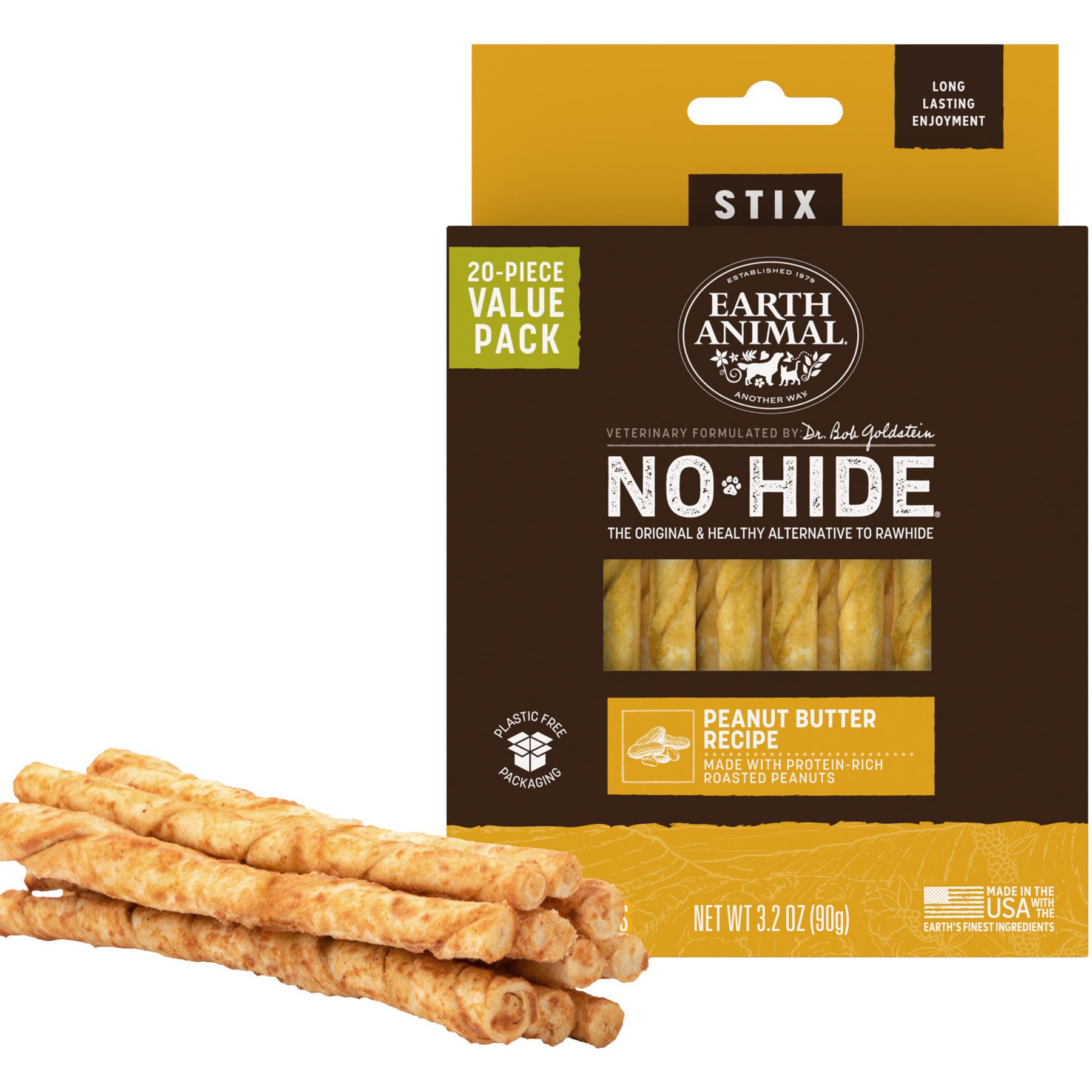 Earth Animal No-Hide Stix Long Lasting Natural Rawhide Free Peanut Butter Vegetarian Recipe Dog & Cat Chew Treat Sticks, 20 count