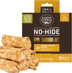 Earth Animal No-Hide Small Rolls Long Lasting Natural Rawhide Free Peanut Butter Vegetarian Recipe Dog Chews, 6 count