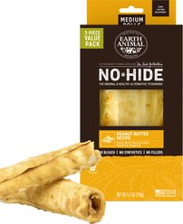 Earth Animal No-Hide Medium Rolls Long Lasting Natural Rawhide Free Peanut Butter Vegetarian Recipe Dog Chews, 3 count