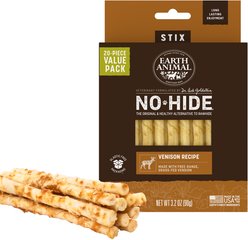Earth Animal No-Hide Stix Long Lasting Natural Rawhide Free Venison Recipe Dog & Cat Chew Treat Sticks, 20 count
