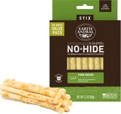 Earth Animal No-Hide Stix Long Lasting Natural Rawhide Free Pork Recipe Dog & Cat Chew Treat Sticks, 20 count