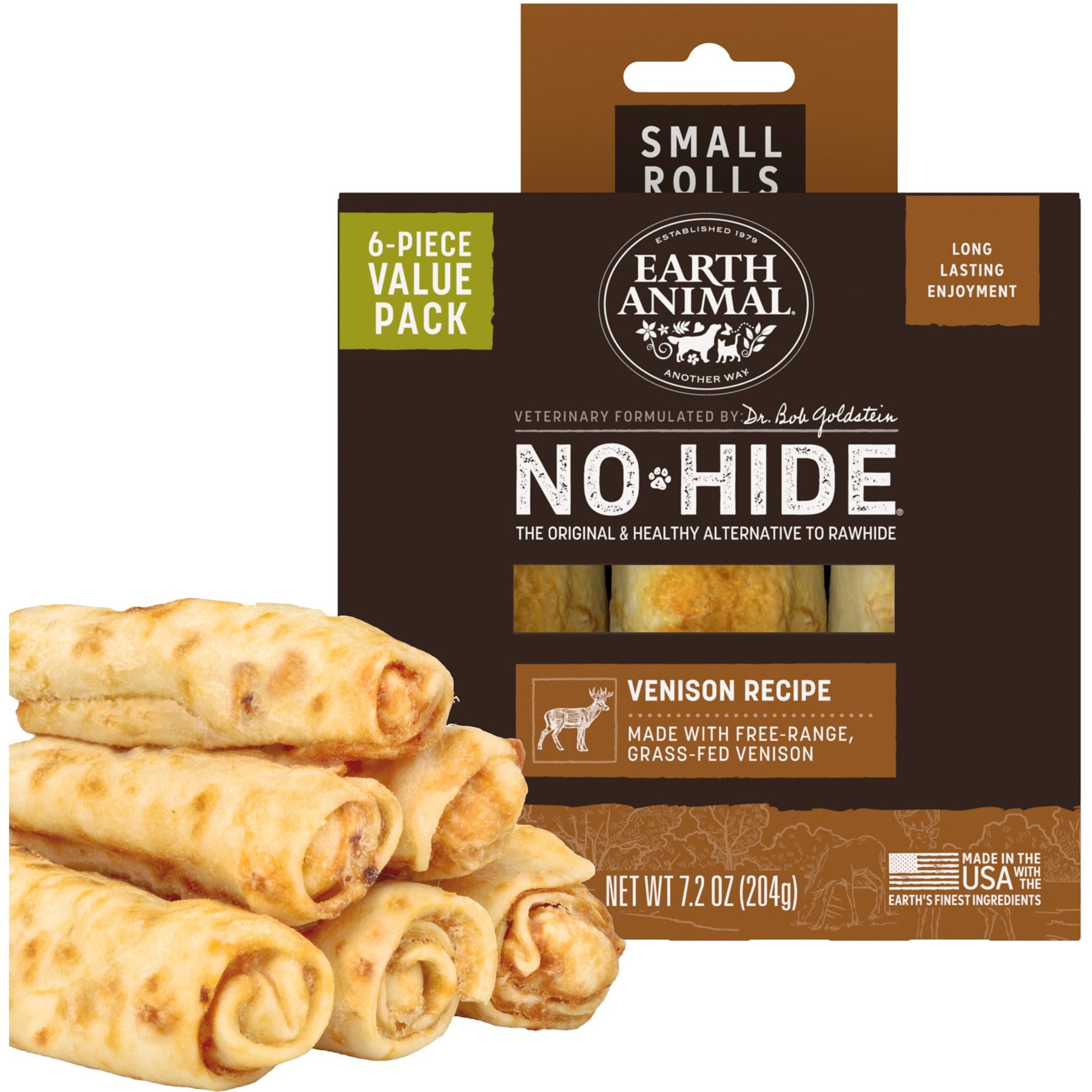 Earth Animal No-Hide Small Rolls Long Lasting Natural Rawhide Free Venison Recipe Dog Chews, 6 count