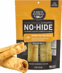 Earth Animal No-Hide Medium Rolls Long Lasting Natural Rawhide Free Peanut Butter Vegetarian Recipe Dog Chews, 2 count