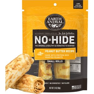 Earth Animal No-Hide Small Rolls Long Lasting Natural Rawhide Free Peanut Butter Vegetarian Recipe Dog Chews, 2 count