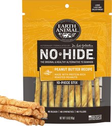 Earth Animal No-Hide Stix Long Lasting Natural Rawhide Free Peanut Butter Vegetarian Recipe Dog & Cat Chew Treat Sticks, 10 count